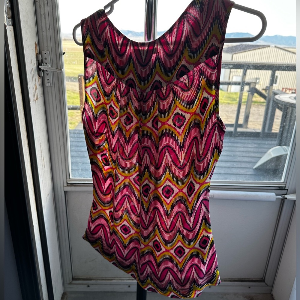 Tory Burch Pink, Yellow and Black Geometric Sleeveless Tank 100% silk